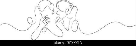 Continuous one line drawing of two women talking and sharing a conversation. Minimalist line art illustration representing communication, friendship, Stock Vector