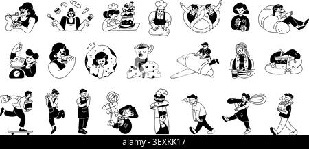Cute hand drawn bakery people playful and enjoying set with cartoon characters with bread, croissants, donuts, cakes, drinks and baking elements in ch Stock Vector