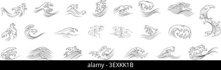japanese wave traditional tapered line set. oriental sea water swirl pattern line art japan inspired illustration Stock Vector