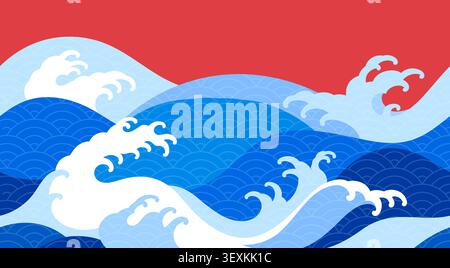 japanese sea wave seamless pattern. oriental traditional ocean water flat style background Stock Vector