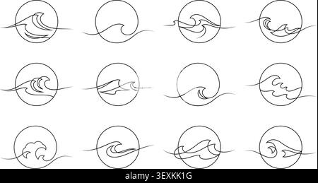 minimal sea wave tapered line art circular emblem. hand drawn organic line illustration continuous minimalism and spacing style for branding, decorati Stock Vector
