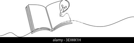 Open book and light bulb continuous line drawing symbolizing learning, reading, education, creativity, innovation, study, inspiration and knowledge de Stock Vector