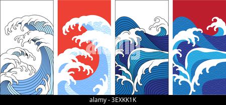 japanese great wave vertical design calligraphy style. oriental ocean wave pattern minimal line flat illustration Stock Vector