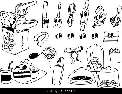 Cute black and white hand drawn bakery doodle set with kawaii kitchen utensils, bread, cake, coffee, baking tools and cartoon food clipart Stock Vector