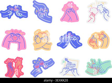 human connection hand activity close-up minimalism line art illustration. self care,support,social activity,mental health,wellbeing whimsical sticker Stock Vector