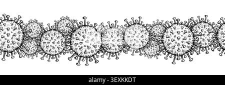Hantavirus border pattern with hand drawn virus particles and microscopic pathogen details. Scientific vector background for healthcare laboratory Stock Vector