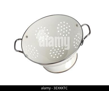 White metal colander with handles isolated on white Stock Photo