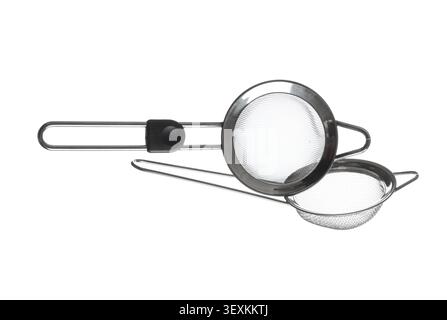 Two stainless steel kitchen strainers isolated on white Stock Photo