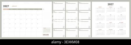 Calendar Planner 2027 in English language. Week start Sunday, corporate design planner template Stock Vector