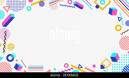 Memphis background with geometric frame and 3d cubes on white backdrop vibrant colorful border with abstract shapes and copy space for retro creative Stock Vector