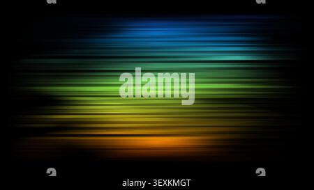 Horizontal light trails and motion blur streaks background featuring colorful gradient neon spectrum from blue to orange on dark backdrop for modern t Stock Vector