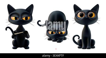 Cute halloween black cat vector set. Pets filing top claws, thumb nails, hunting laser pointer, begging look memes. Cartoon animal funny kitten Stock Vector