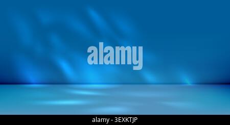 Blue studio podium with gradient plant shadow gobo and sun light limbo. Navy stage with 3d perspective, wall and shelf bg. Photo space for spotlight Stock Vector