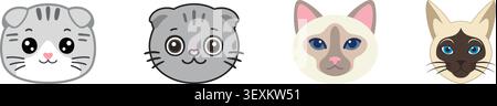A cute flat illustration set featuring four cat face portraits in different fur colors and facial styles. Stock Vector