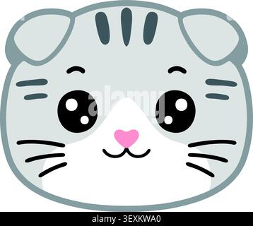 Flat illustration of a cute silver tabby cat face with dark stripes large sparkling eyes and a small pink nose Stock Vector