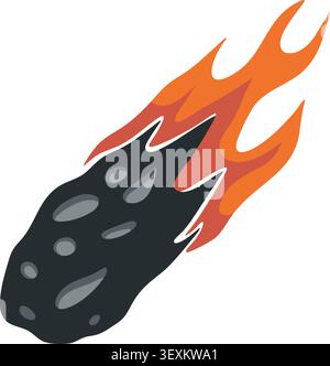 Flat illustration of a dark meteor with scattered craters and a vivid orange flame tail suggesting fast movement through space Stock Vector