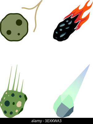 A flat illustration collection featuring stylized celestial objects such as asteroids, flaming meteors, rocky space debris, and icy comet like forms. Stock Vector