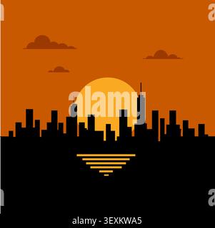 Flat illustration of a dark city skyline against a golden sunset with reflected light across the water Stock Vector