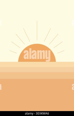 Flat illustration of a simple sunrise emerging above a calm sea horizon with warm beige tones and clean lines Stock Vector