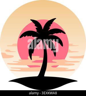 Flat illustration of a tropical palm tree silhouette on a small island with a glowing sunset and mirrored water Stock Vector