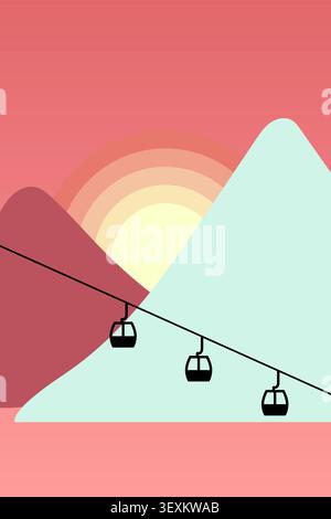Flat illustration of pastel mountains at sunset with a diagonal cable line and small hanging cable cars Stock Vector