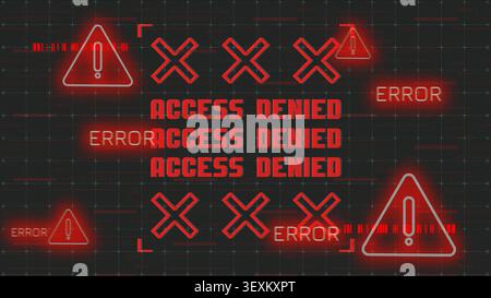 Access denied warning on digital screen displaying error messages and warning signs Stock Photo