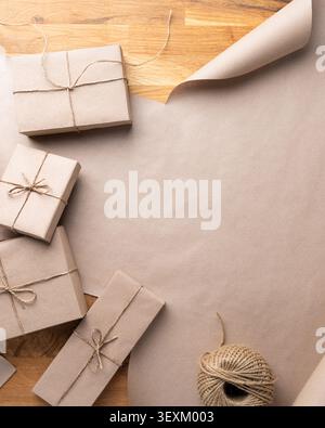 Christmas Wrapping Supplies On Craft Paper Background Stock Photo