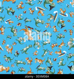 Seamless vector pattern of cartoon dinosaurs skateboarding, surfing, and wearing various costumes on blue. Stock Vector