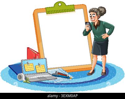 Professional woman checks her mobile phone beside a giant clipboard, laptop, and stationery items Stock Vector
