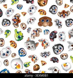 Vector illustration of diverse wildlife characters in a playful, repeating pattern with bright colors. Stock Vector