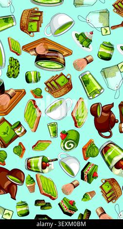 Hand-drawn vector pattern of green tea sweets, whisks, and teapots on a blue background. Stock Vector