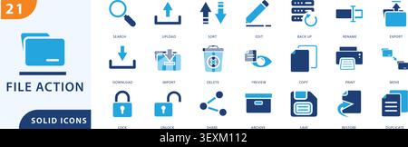 File action icon set featuring essential file management and document operation concepts. Includes icons for search, upload, download, edit, backup, c Stock Vector