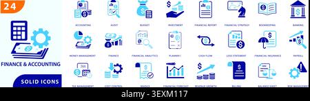 finance and accounting icon set featuring accounting, budgeting, investment, financial reporting, banking, payroll, and cash flow concepts Stock Vector