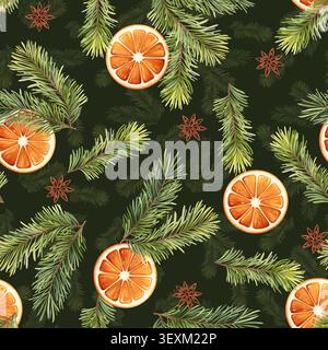 Hand-drawn seamless pattern featuring fresh orange slices, green pine branches, and star anise on a dark green background. Perfect for cozy winter hol Stock Photo