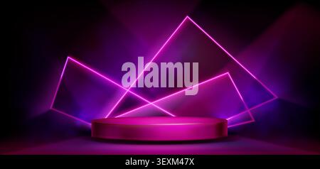 Round purple podium stage with glowing geometric shapes and neon lights, dark vector background. Modern 3D platform for game product display with futuristic tech atmosphere and smoke effect Stock Vector