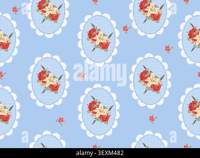 Vintage seamless floral pattern in cozy cottagecore style featuring rose bouquets in lace frames on light blue background for fabric and wallpaper. Stock Vector