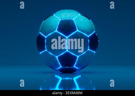 Soccer ball featuring glowing neon lines, representing digital technology and futuristic sports. 3d rendering Stock Photo