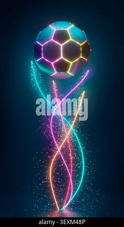 Glowing soccer ball with abstract neon light trails and sparkling particles on a dark background. 3d rendering Stock Photo