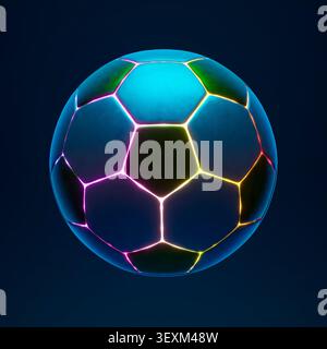 Digital soccer ball showing neon polygonal lines on a dark blue background. 3d rendering Stock Photo