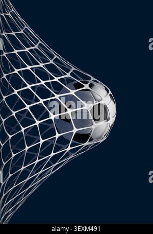 Soccer ball hitting goal net on a dark background, representing success and competition. 3d rendering Stock Photo