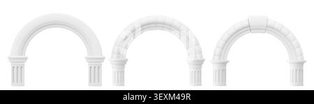 Ancient Roman arches set isolated on background. Vector realistic illustration of classic white stone columns and pillar details, 3D Greek marble molding gateways, elegant presentation design elements Stock Vector