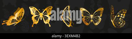 Set of golden butterfly silhouettes with glittering wings isolated on black background. Vector realistic illustration of shiny metallic insect design for luxury wedding cards, elegant spring banners Stock Vector