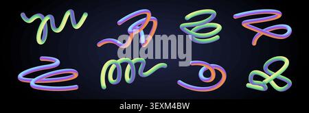 Abstract wavy lines with vibrant neon gradient colors, fluid shapes with dynamic motion effect. Modern 3D vector graphic design with organic swirls and geometric curves isolated on black background Stock Vector