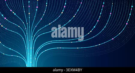 Abstract ai data flow vector background. Neon glowing blue stream, neural networks algorithm, big data analysis model and digital technology concepts with dynamic line patterns and connected particles Stock Vector