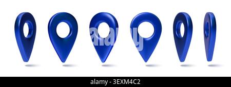 Blue 3D map pins, vector icons isolated on white background. GPS location marker for navigation apps, travel routes, and destination points with realistic design. Geo tags in different positions Stock Vector