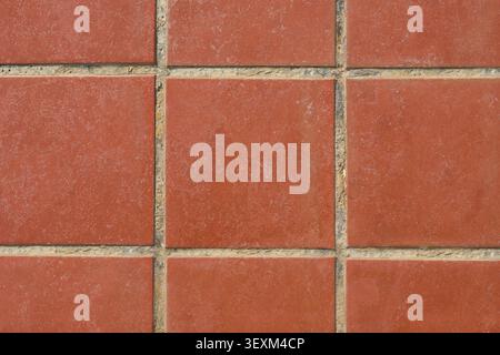 Red terracotta tiles creating a uniform square geometric pattern grout detail Stock Photo