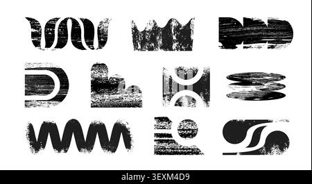 Bold paint strokes and brush textures, vector realistic grunge patterns isolated on white background. Black ink stripe smears, stencil pattern roller line marks, and splashes for modern urban design Stock Vector