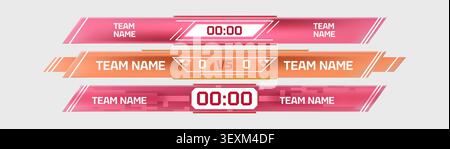 Professional soccer scoreboard templates with lower third display for live match broadcasts. Realistic vector panels with team names, game scores, and timer elements for sports tournaments Stock Vector