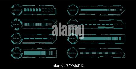 Futuristic hud interface with circular indicator, loading progress bar and digital elements, abstract vector icons isolated on black bsckground. Modern tech dashboard, neon green screen design Stock Vector