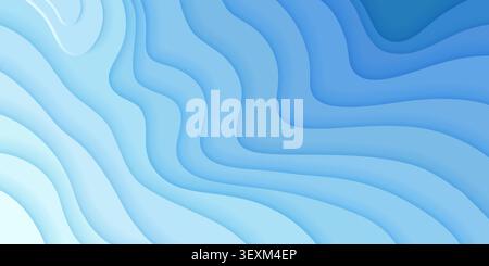 Layered paper topographic background with flowing abstract waves, blue gradient depths and white paper cut relief patterns, vector illustration. Origami map design for ocean or river landscape Stock Vector